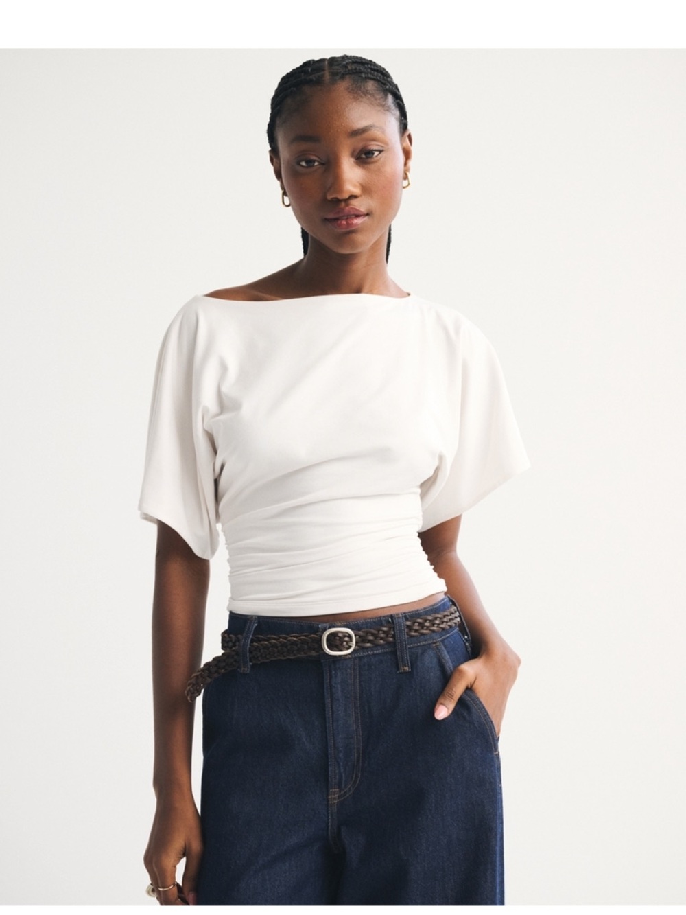 Abercrombie & Fitch White Flutter Sleeve Slash Top